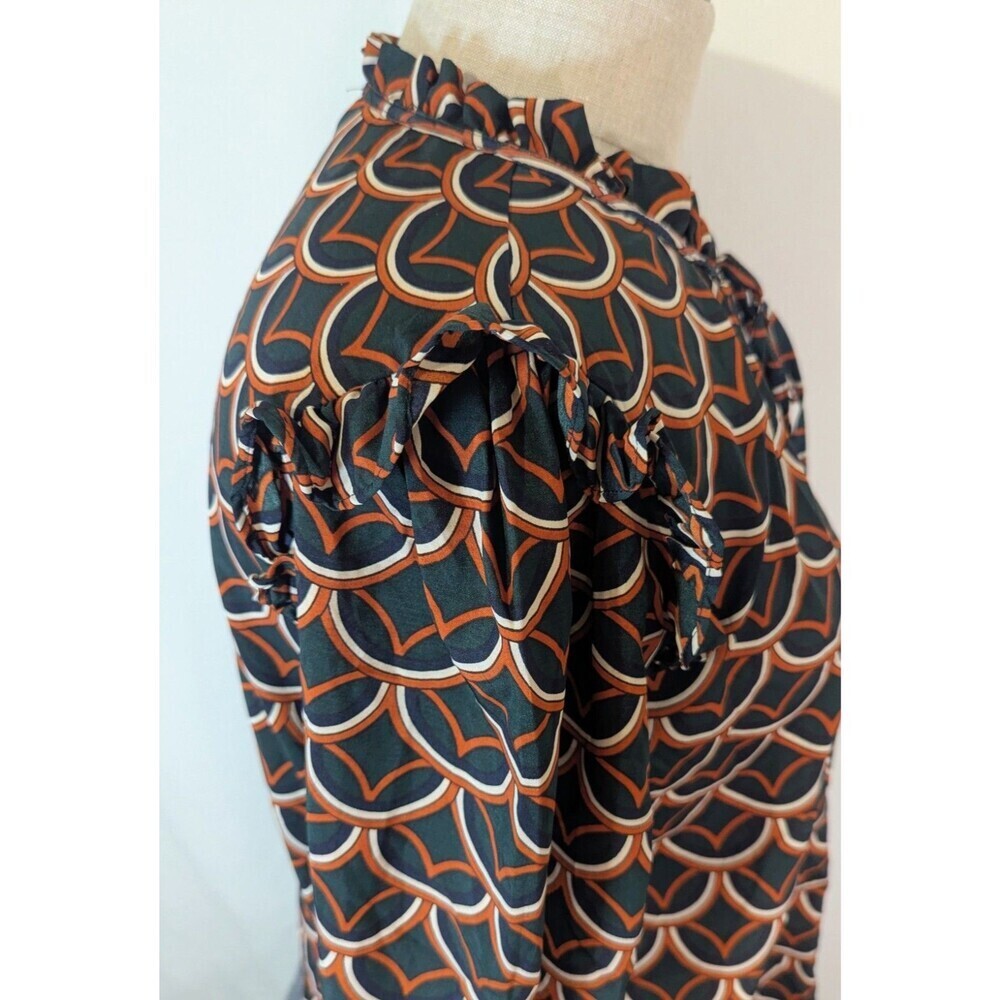 Alice Blue Scallop Print Blouse Ruffle Shoulder Button Front Tie Neck Top 1X - Picture 5 of 9